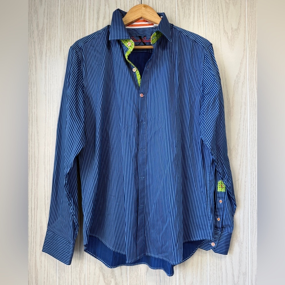 Robert Graham Men’s Tailored Fit Striped Button Front Shirt XL Blue 100% Cotton